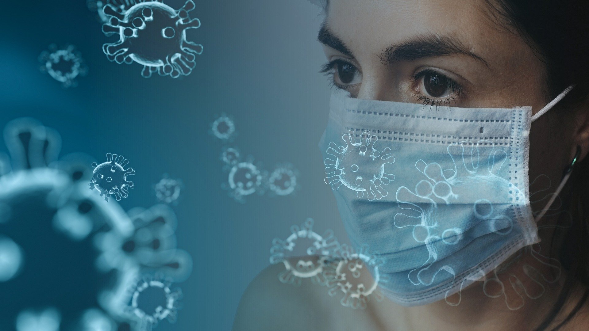 Frau mit Maske umgeben von Viren